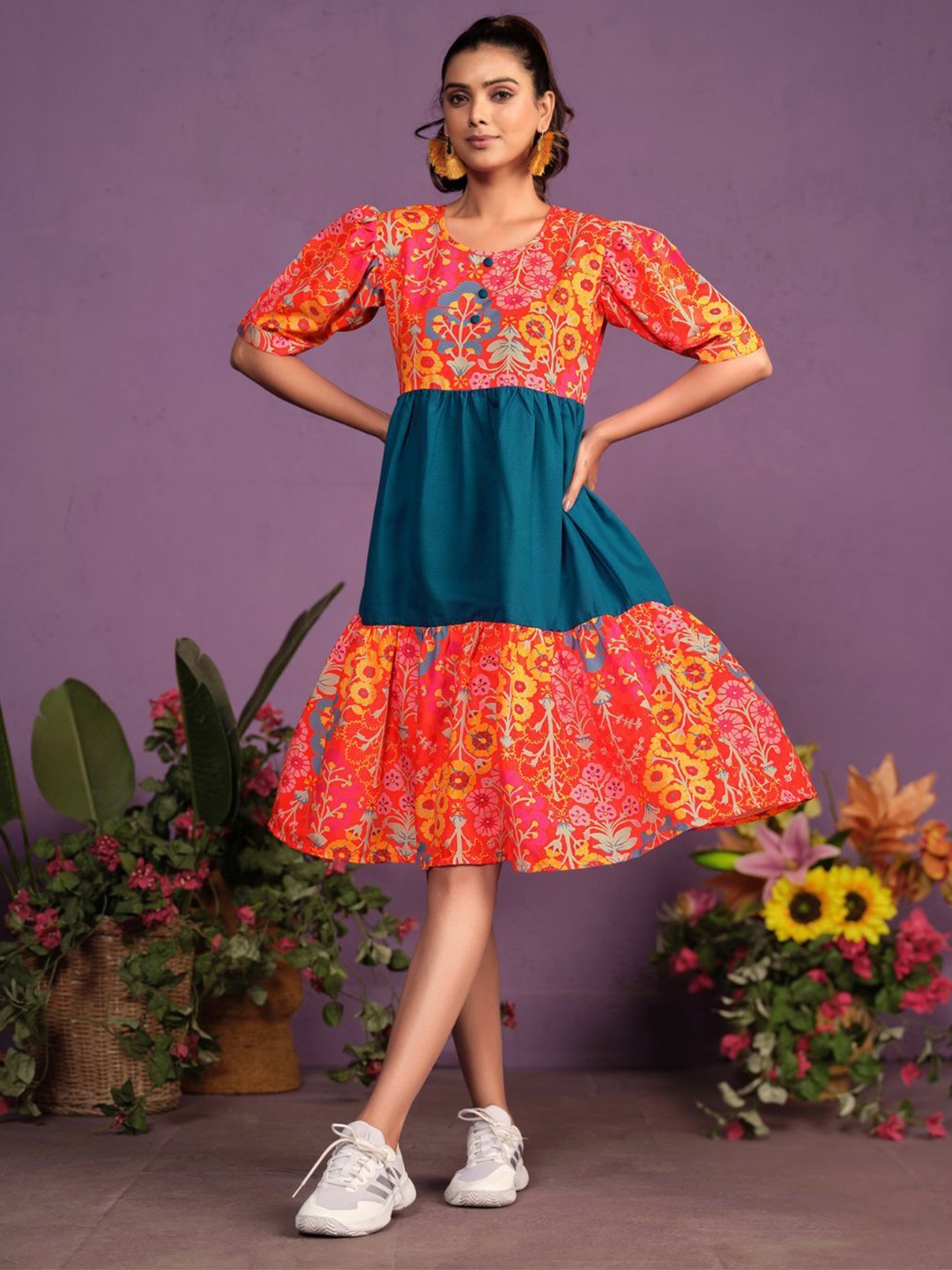 

Sangria Floral Printed Puff Sleeves A-Line Dresses, Red