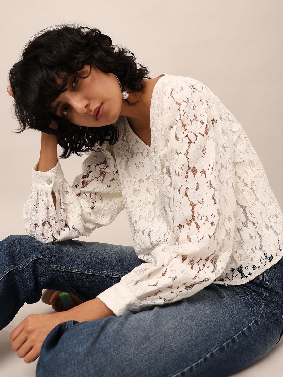 

ONLY Women Cotton Lace Long Sleeves Top, White