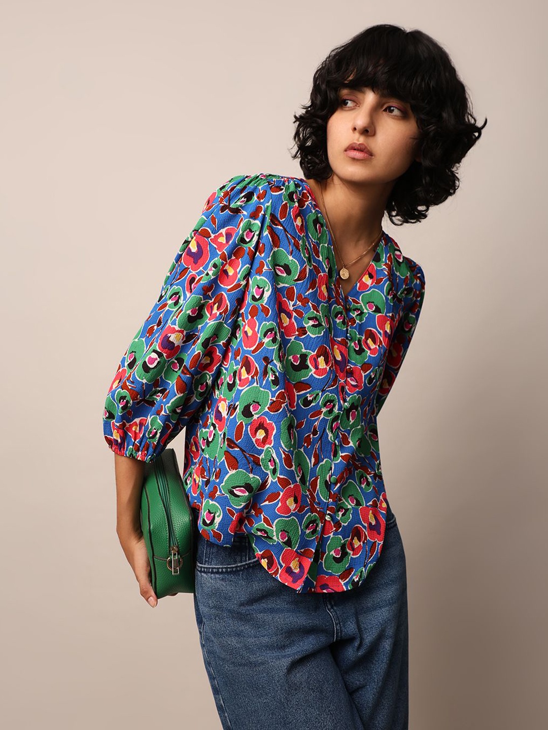 

ONLY Floral Print Mandarin Collar Shirt Style Top, Blue