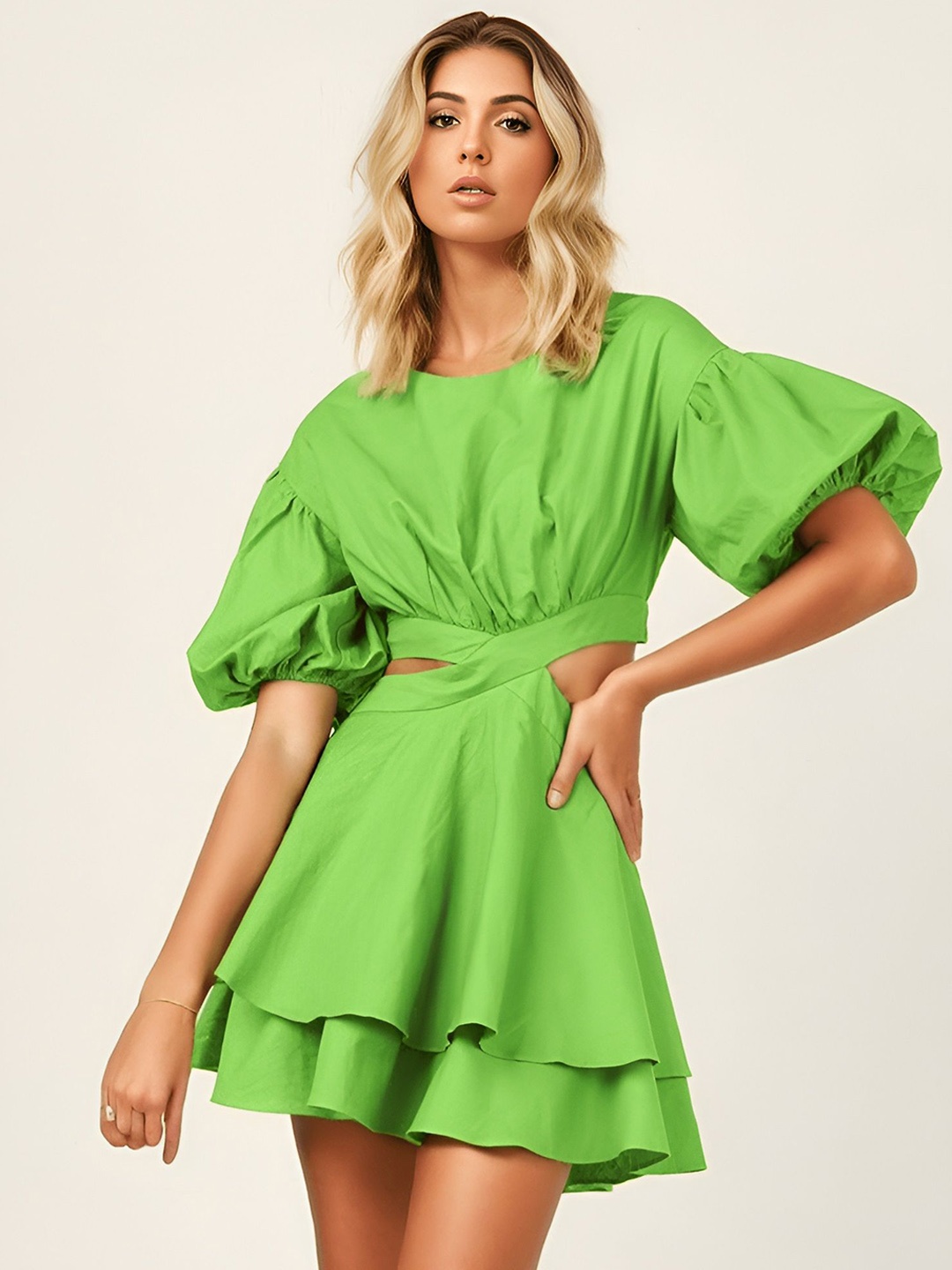 

FIESTA RESORTWEAR Puff Sleeve Fit & Flare Mini Dress, Lime green