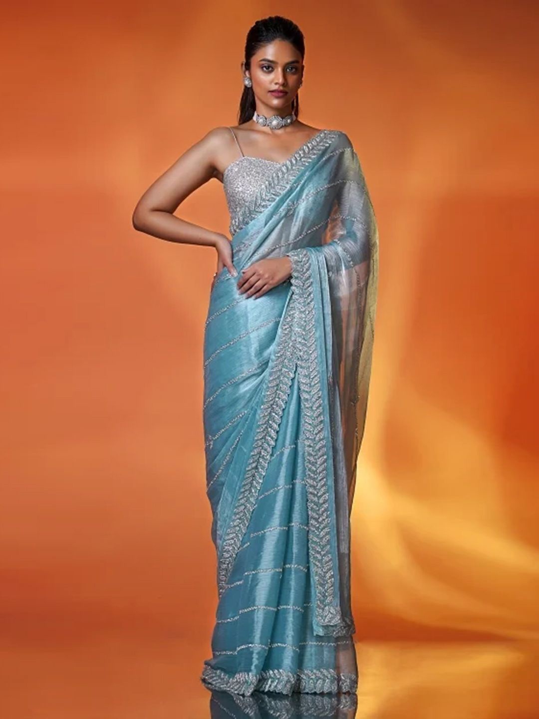 

saree.com Embellished Beads and Stones Organza Saree, Blue