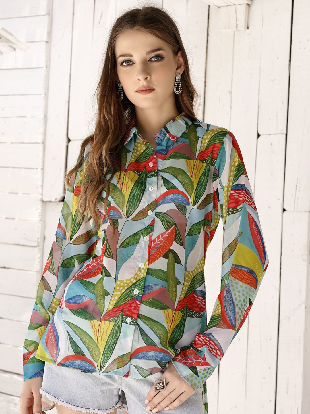 

VenderVilla Women Floral Semi Sheer Printed Casual Shirt, White
