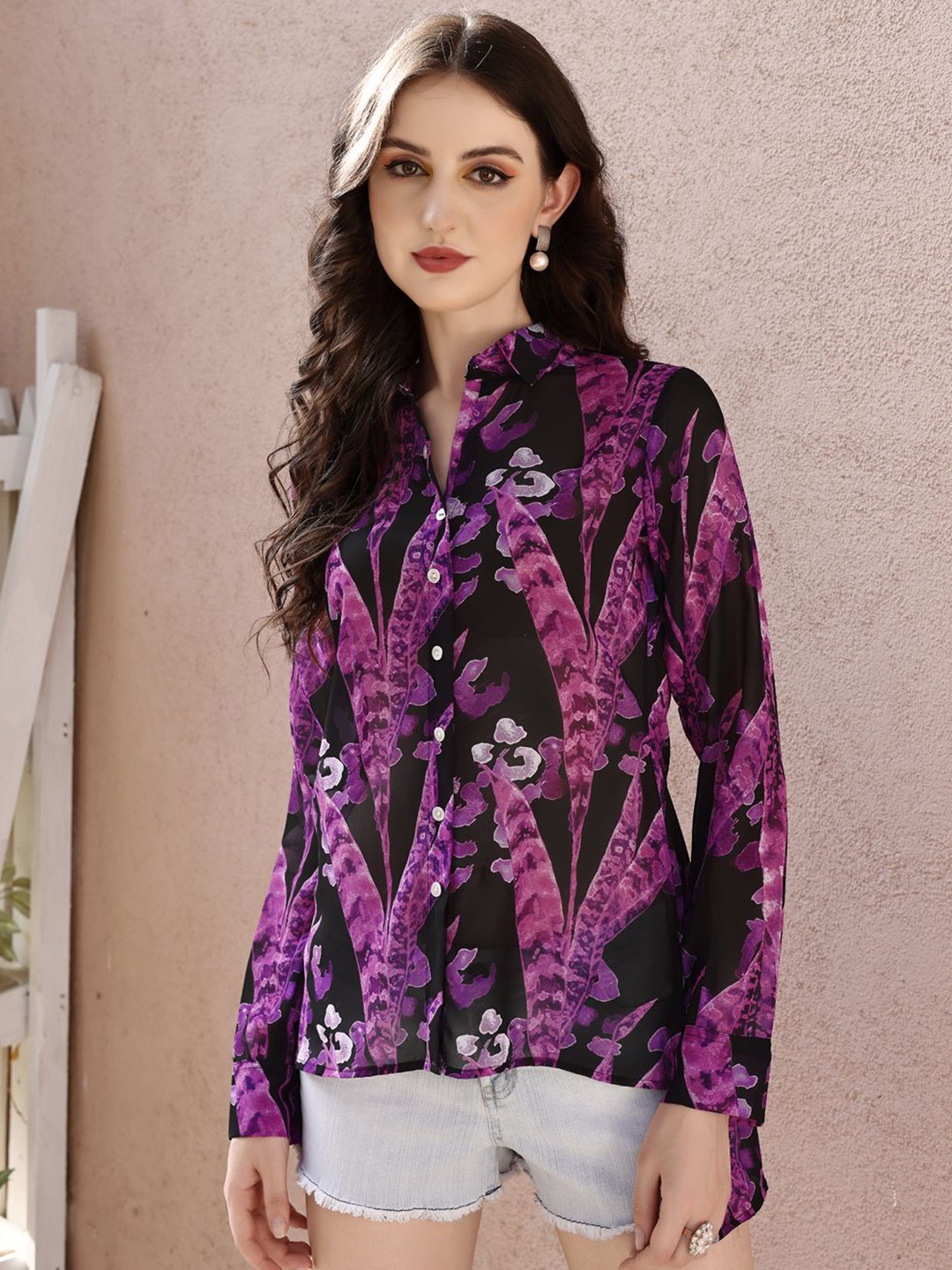 

VenderVilla Women Floral Semi Sheer Printed Casual Shirt, Purple