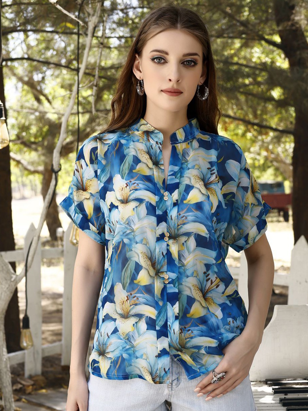 

VenderVilla Women Floral Semi Sheer Printed Casual Shirt, Turquoise blue
