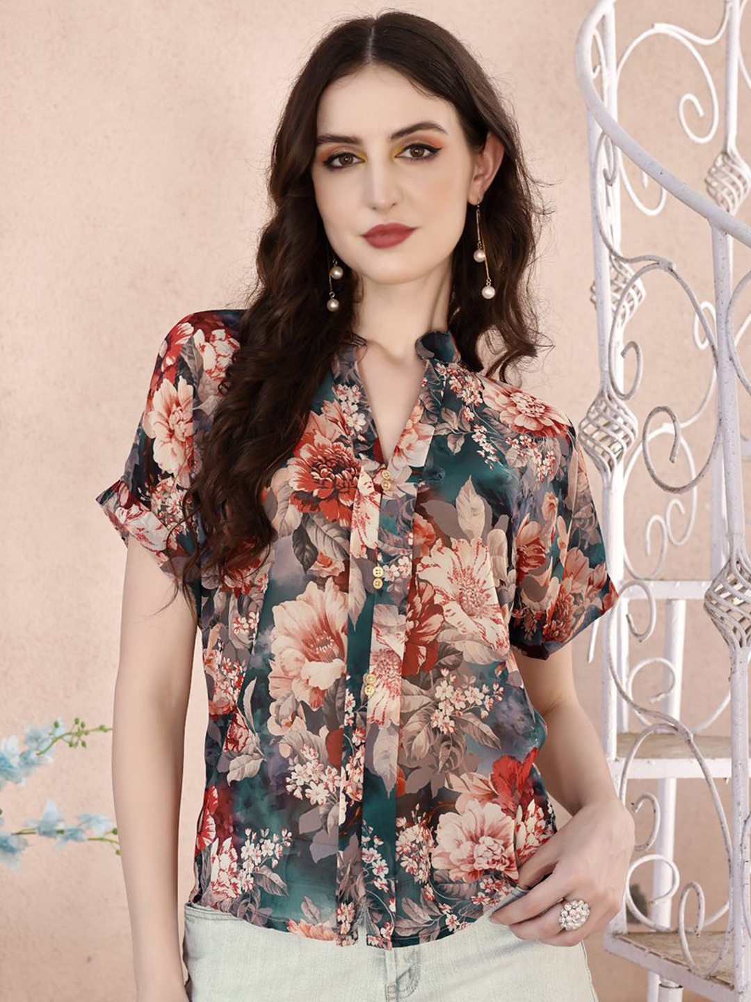 

VenderVilla Women Floral Printed Semi Sheer Shirt, Brown