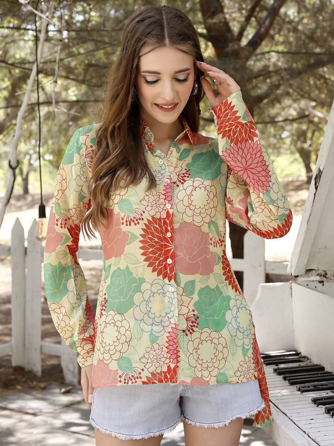 

VenderVilla Women Floral Semi Sheer Printed Semiformal Shirt, Yellow