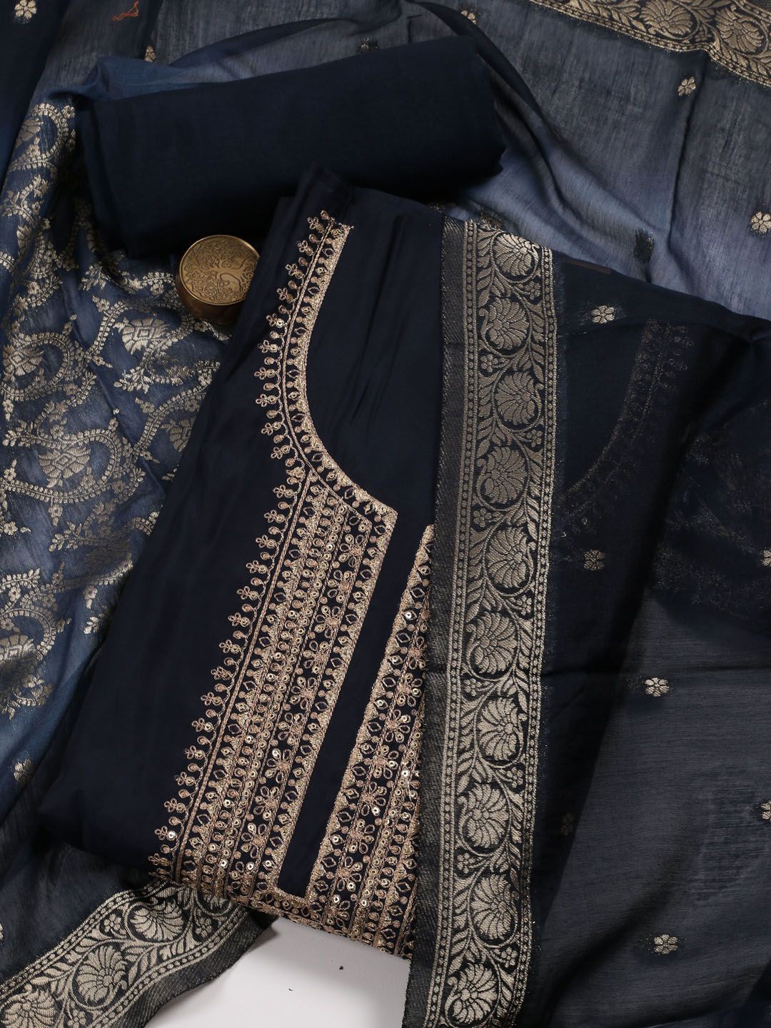 

Meena Bazaar Floral Embroidered Sequinned Unstitched Dress Material, Navy blue