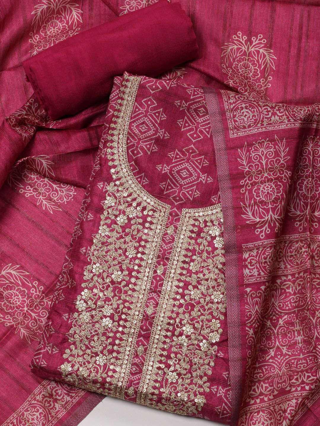 

Meena Bazaar Ethnic Motifs Printed Sequinned Unstitched Dress Material, Magenta