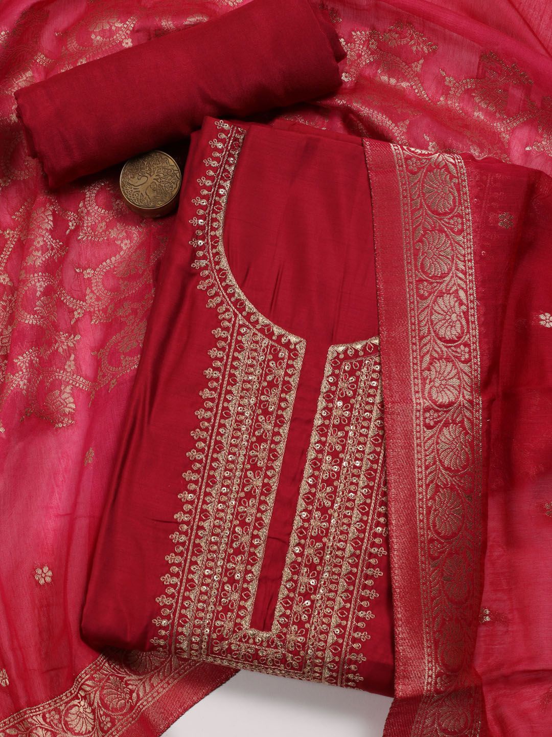 

Meena Bazaar Floral Embroidered Sequinned Unstitched Dress Material, Maroon