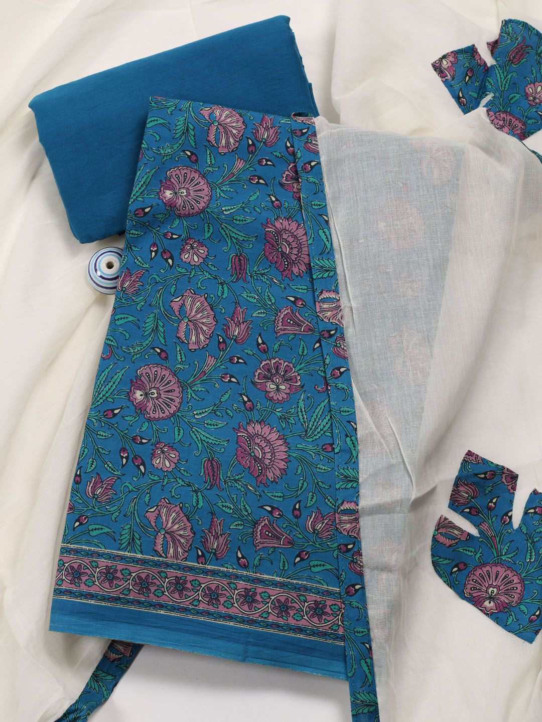 

Meena Bazaar Printed Unstitched Dress Material, Teal