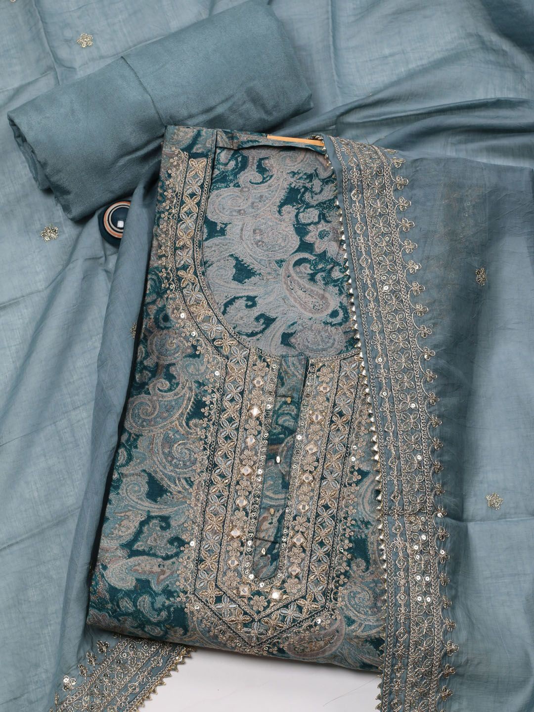 

Meena Bazaar Ethnic Motifs Printed Sequinned Unstitched Dress Material, Grey
