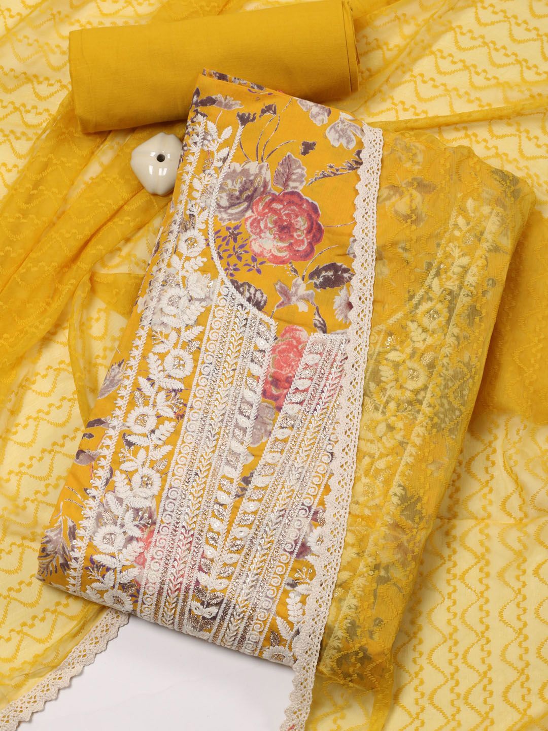 

Meena Bazaar Floral Printed Sequinned Unstitched Dress Material, Yellow
