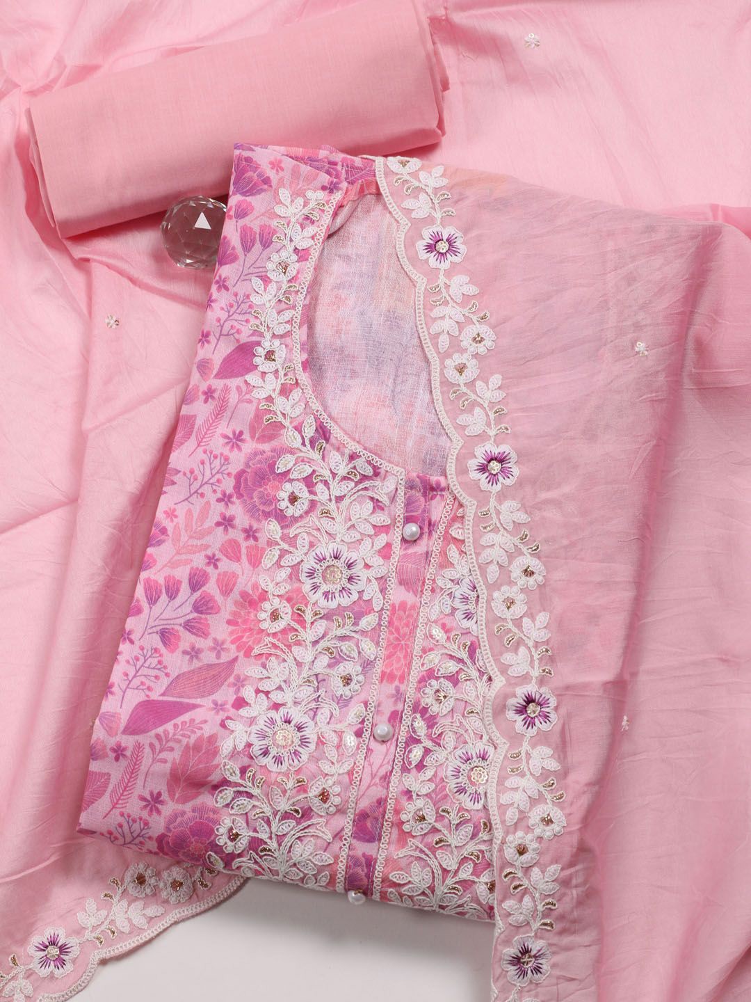 

Meena Bazaar Floral Printed Thread Work Linen Unstitched Dress Material, Pink