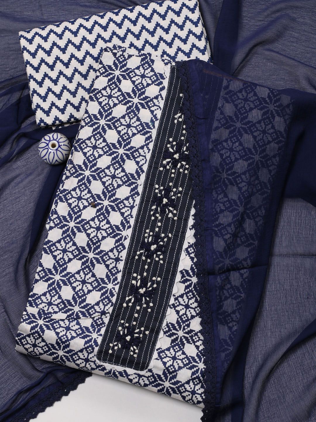 

Meena Bazaar Ethnic Motifs Printed Beads and Stones Unstitched Dress Material, Navy blue