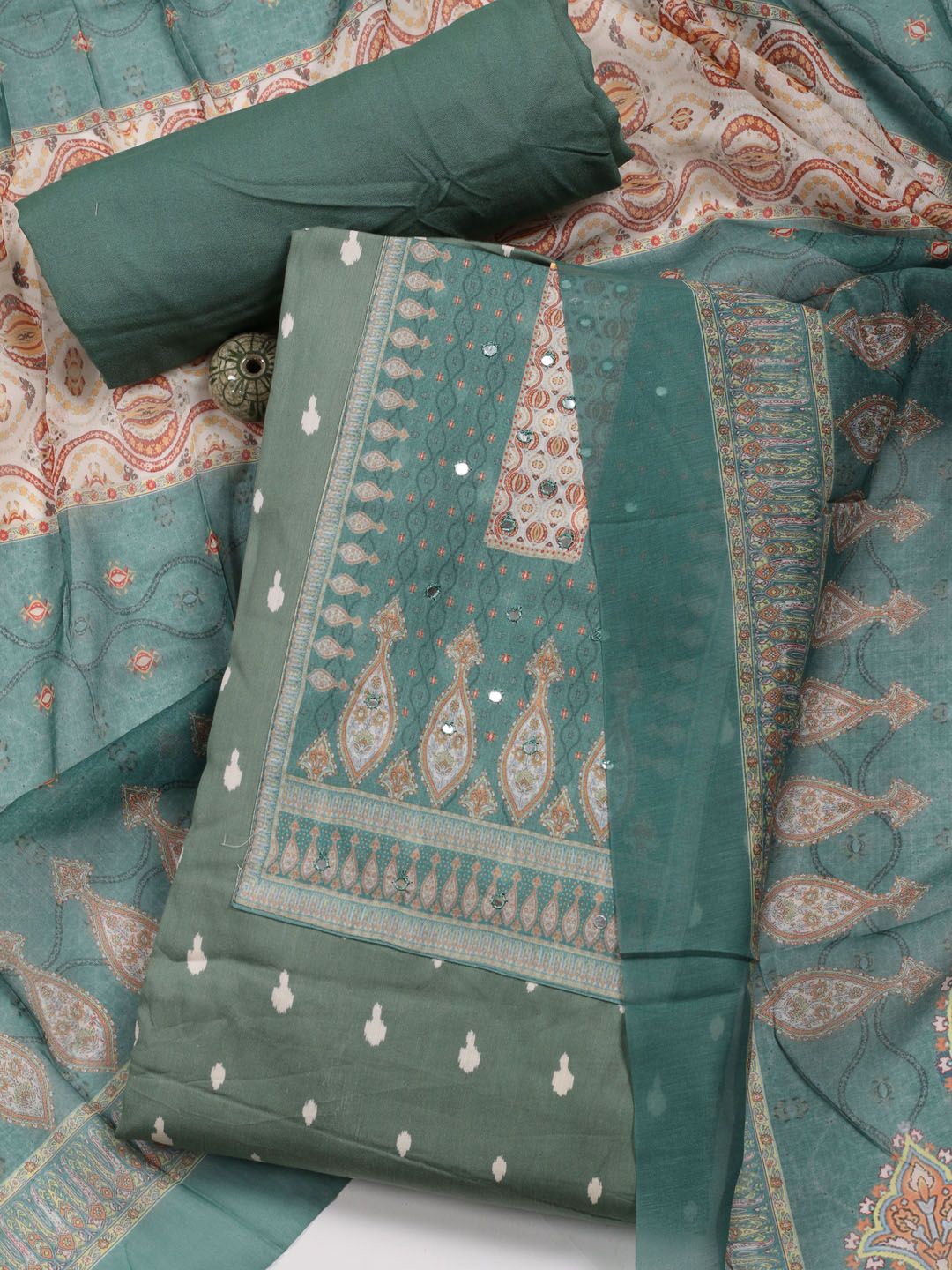 

Meena Bazaar Geometric Printed Sequinned Unstitched Dress Material, Green