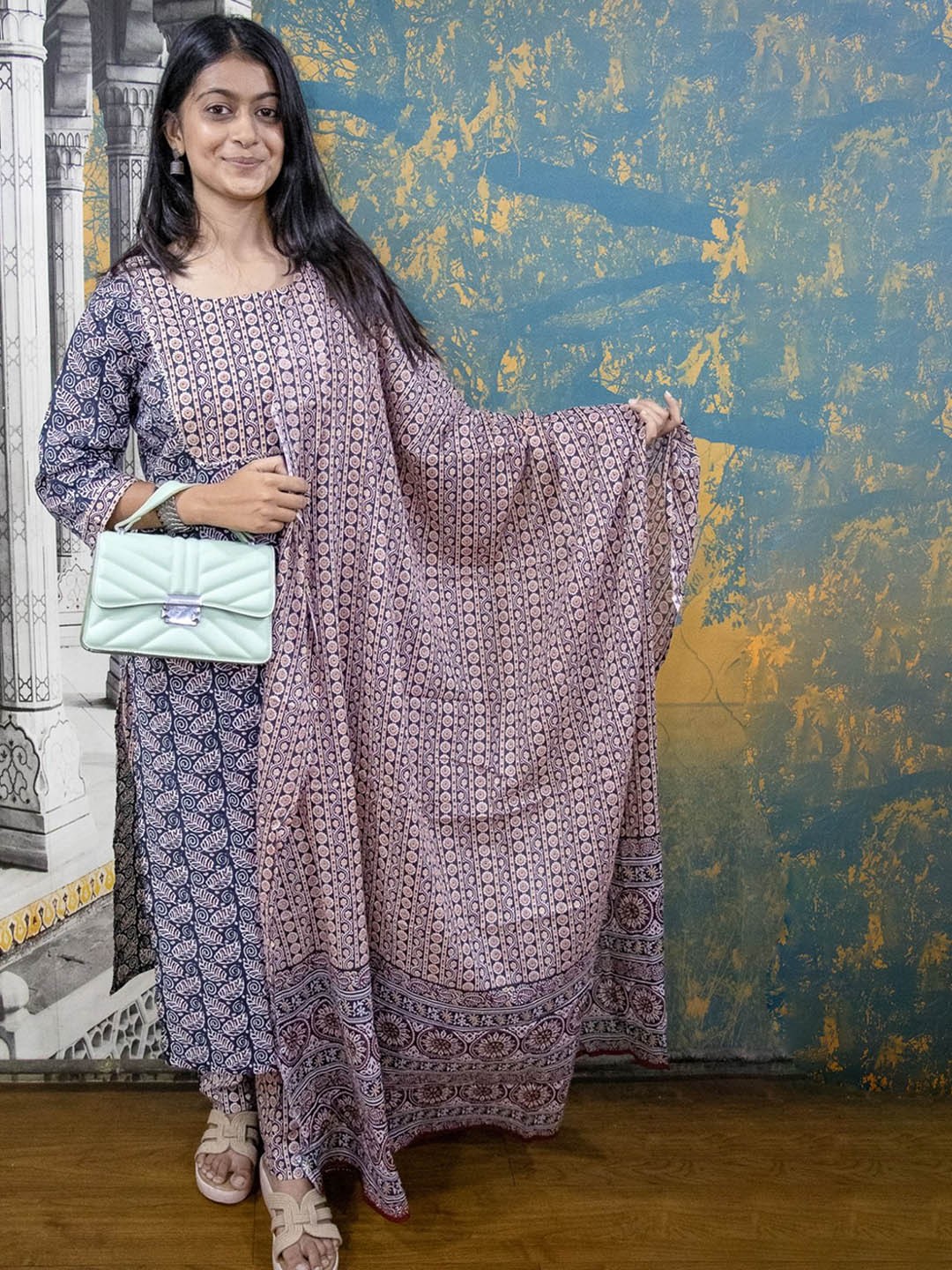 

BAESD Ethnic Motifs Printed Regular Gotta Patti Pure Cotton Kurta With Trousers & Dupatta, Blue