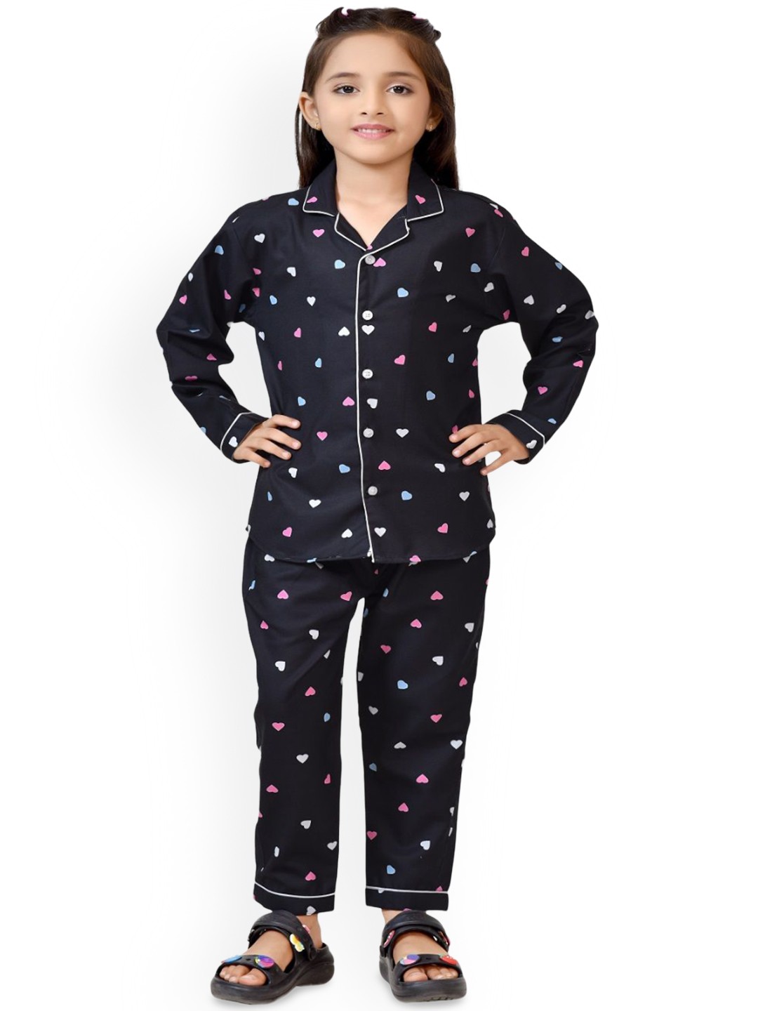 

BAESD Girls Printed Pure Cotton Shirt Collar Night Suit, Black