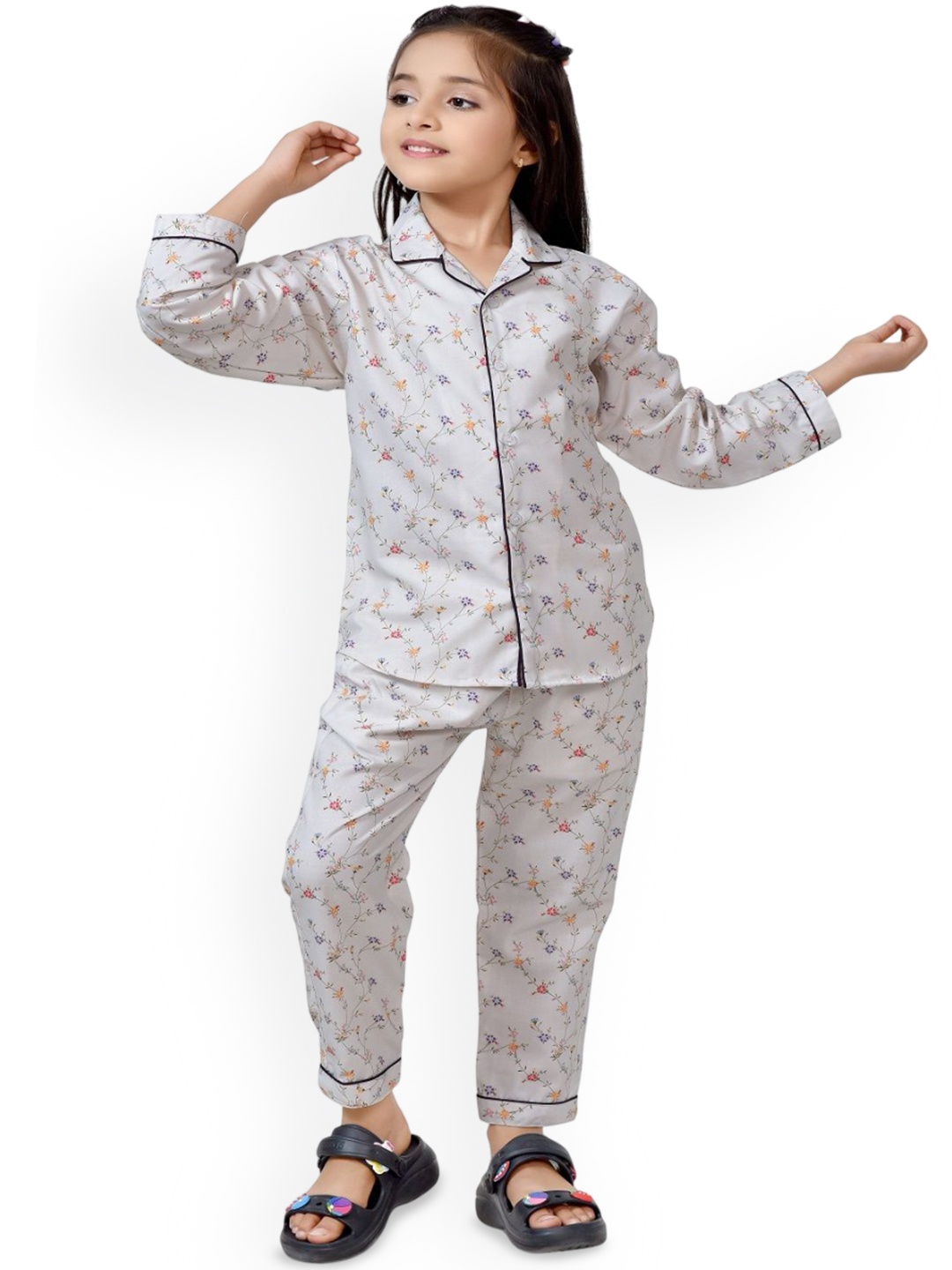 

BAESD Girls Floral Printed Cotton Shirt With Trousers Night Suit, White