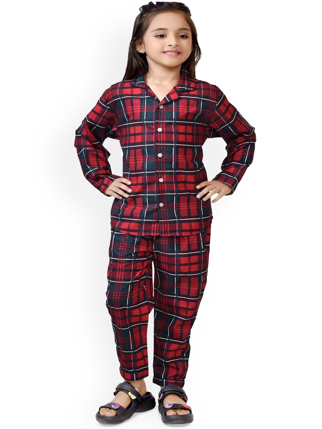 

BAESD Girls Checkered Printed Cotton Shirt With Trousers Clothing Set, Red