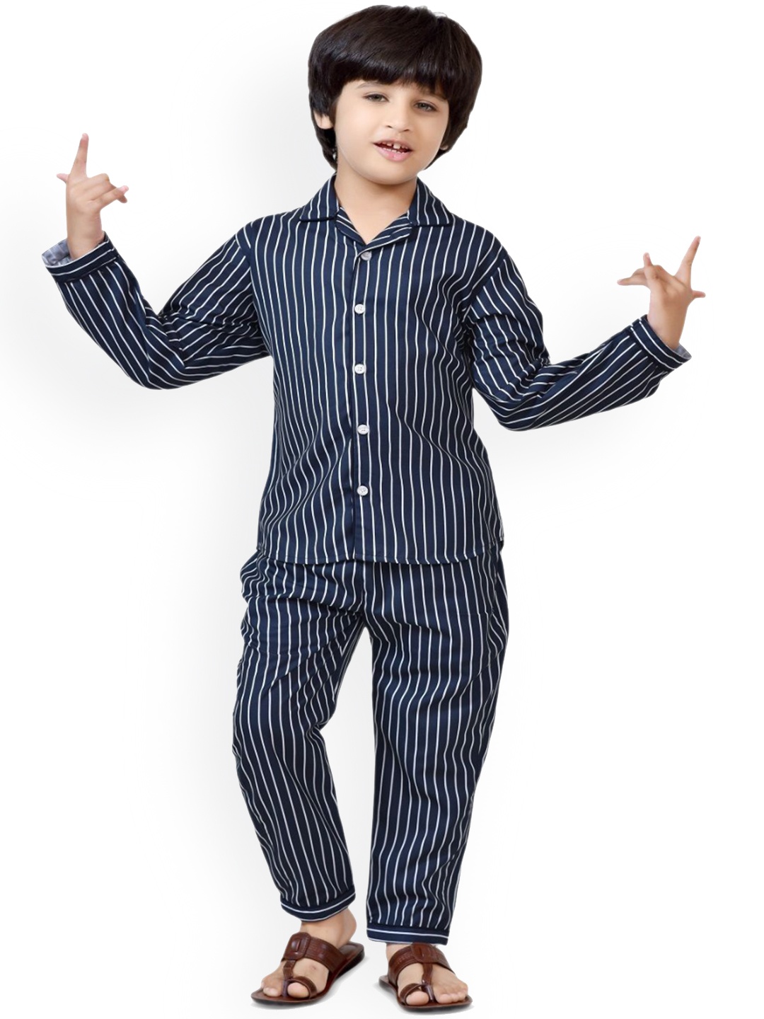 

BAESD Boys Striped Pure Cotton Night Suit, Navy blue