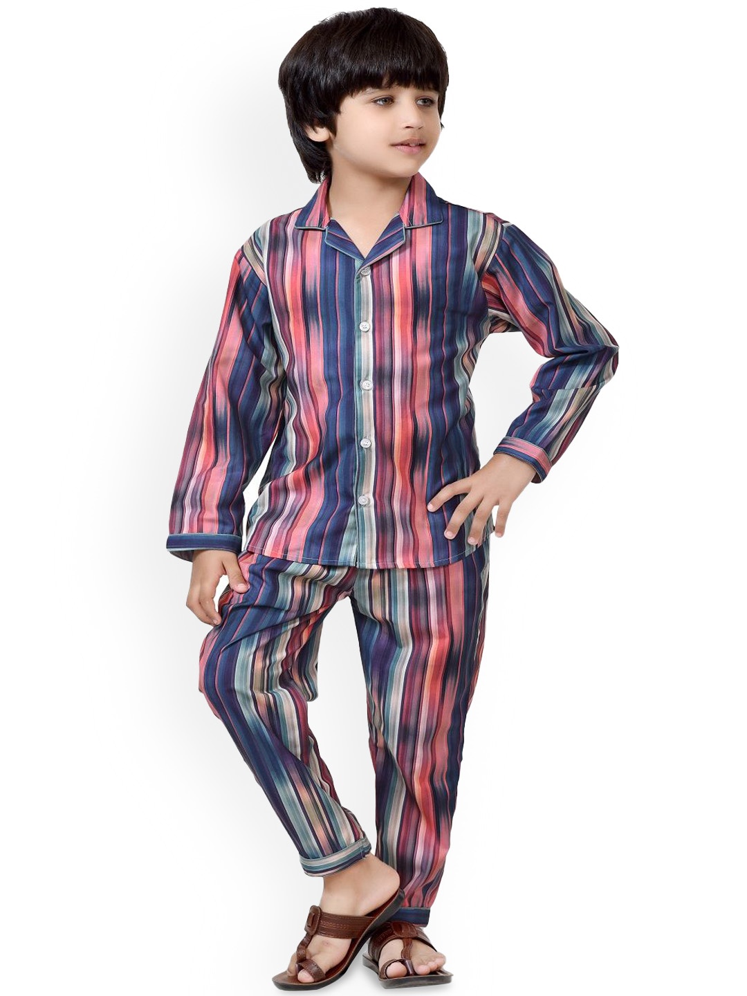 

BAESD Boys Stripe Printed Cotton Shirt With Trousers Night Suit, Pink