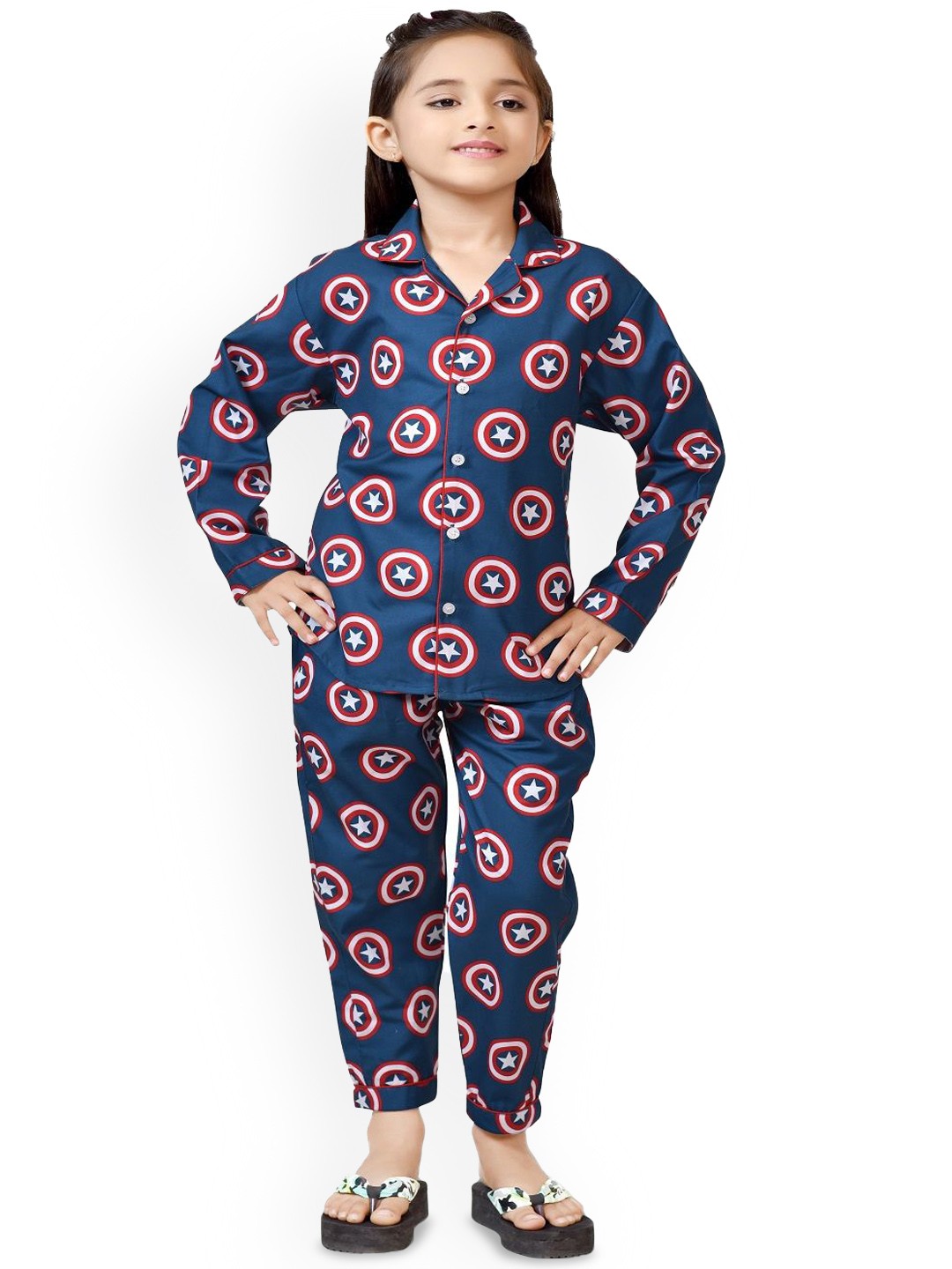

BAESD Girls Geometric Printed Cotton Shirt With Trousers Night suits, Blue