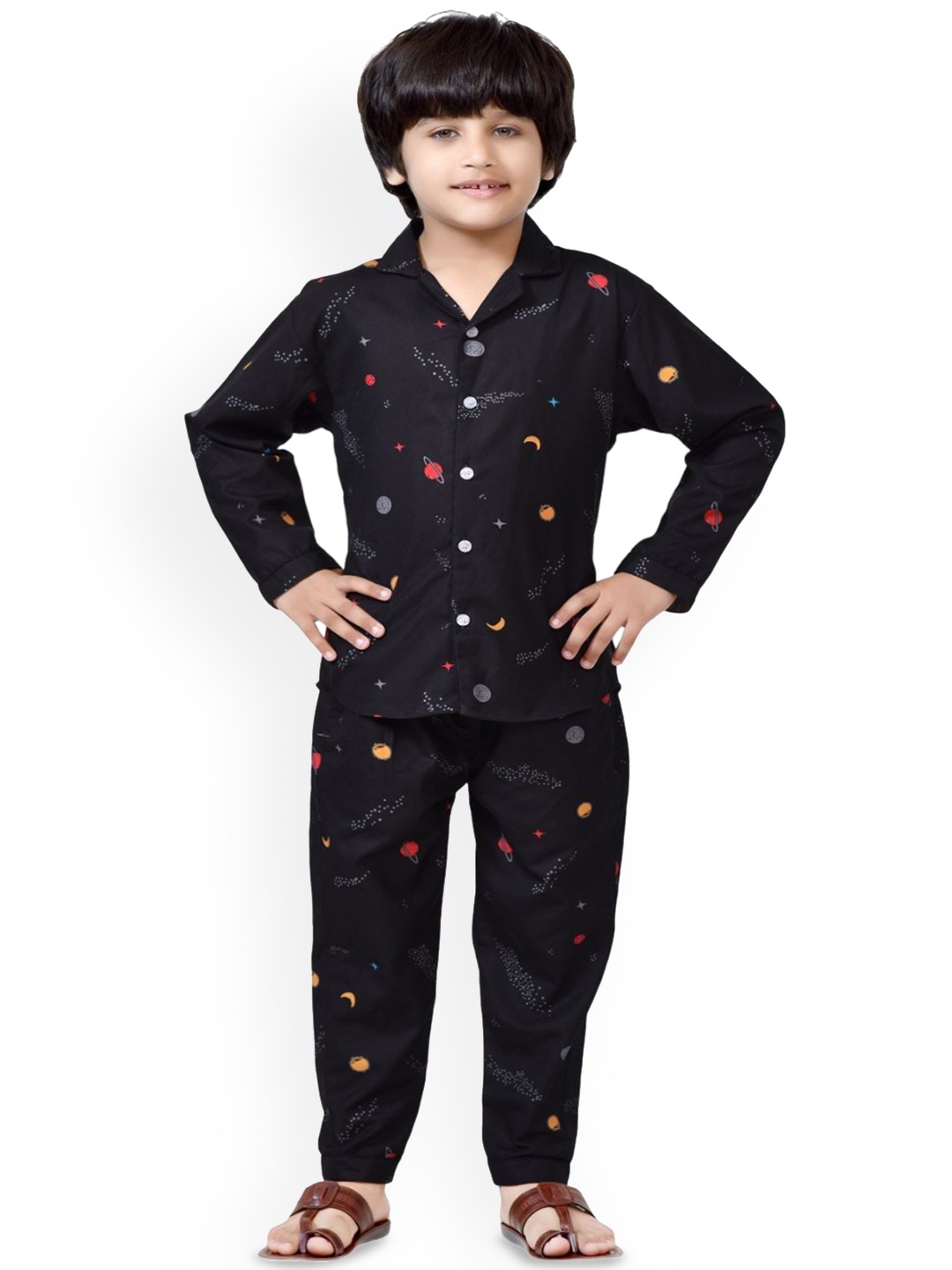 

BAESD Boys Printed Cotton Shirt With Trousers Night Suit, Black