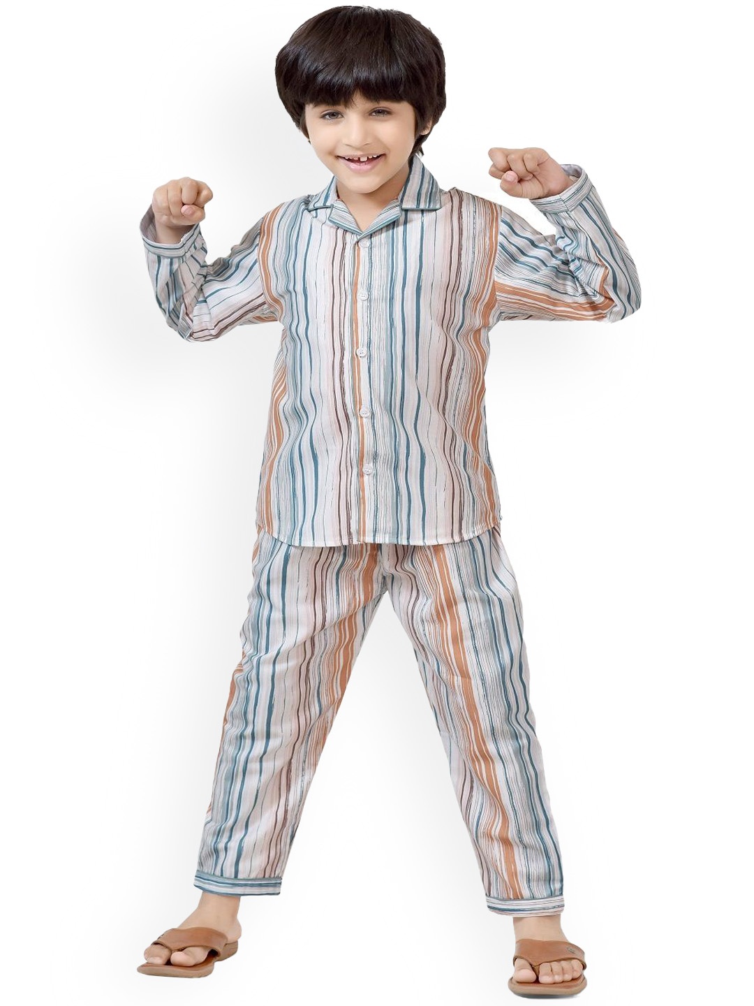 

BAESD Boys Striped Pure Cotton Night Suit, White