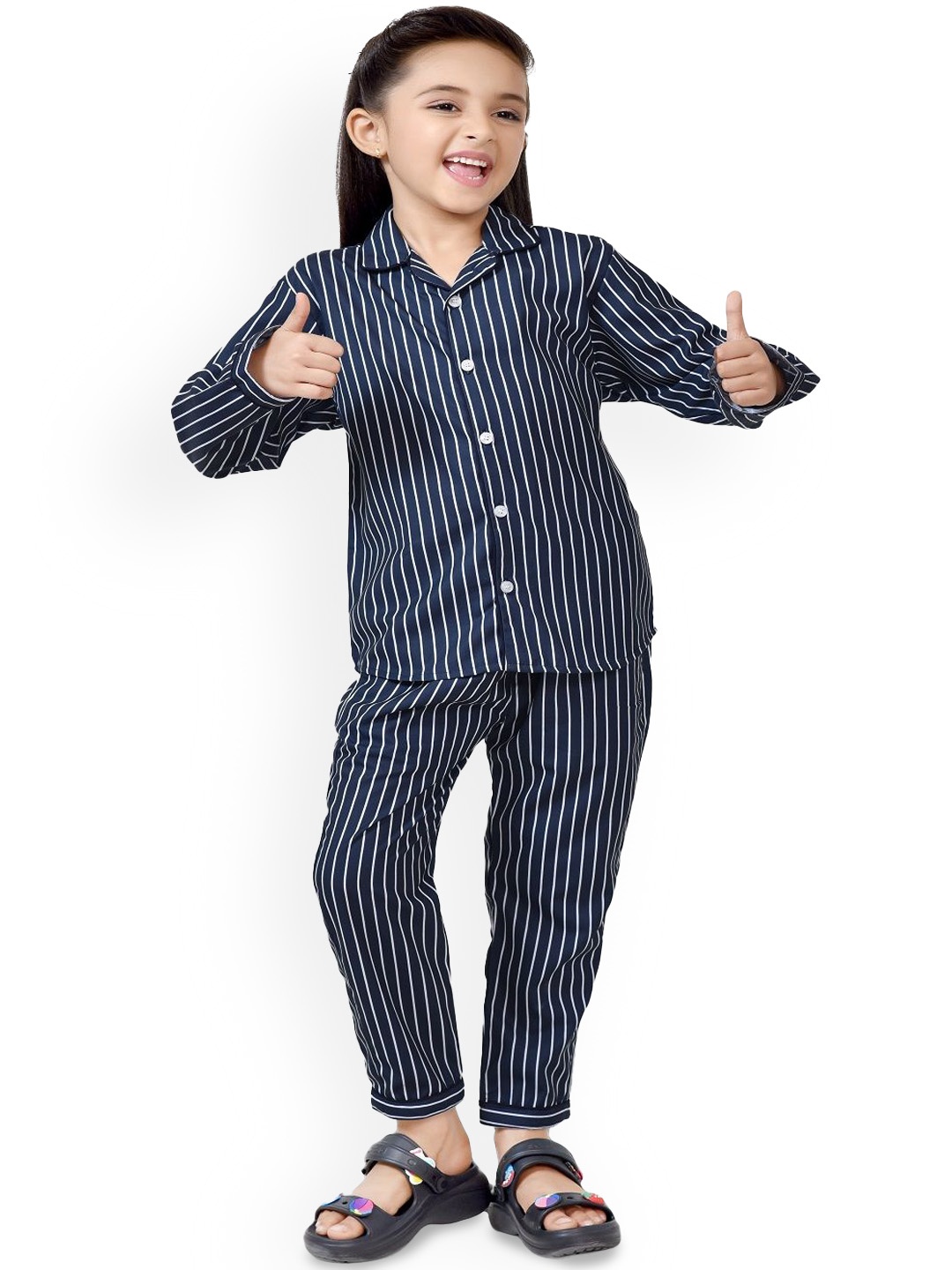 

BAESD Girls Striped Pure Cotton Night Suit, Navy blue