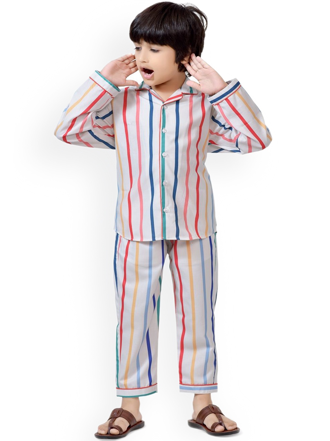 

BAESD Boys Striped Printed Pure Cotton Night Suit, White