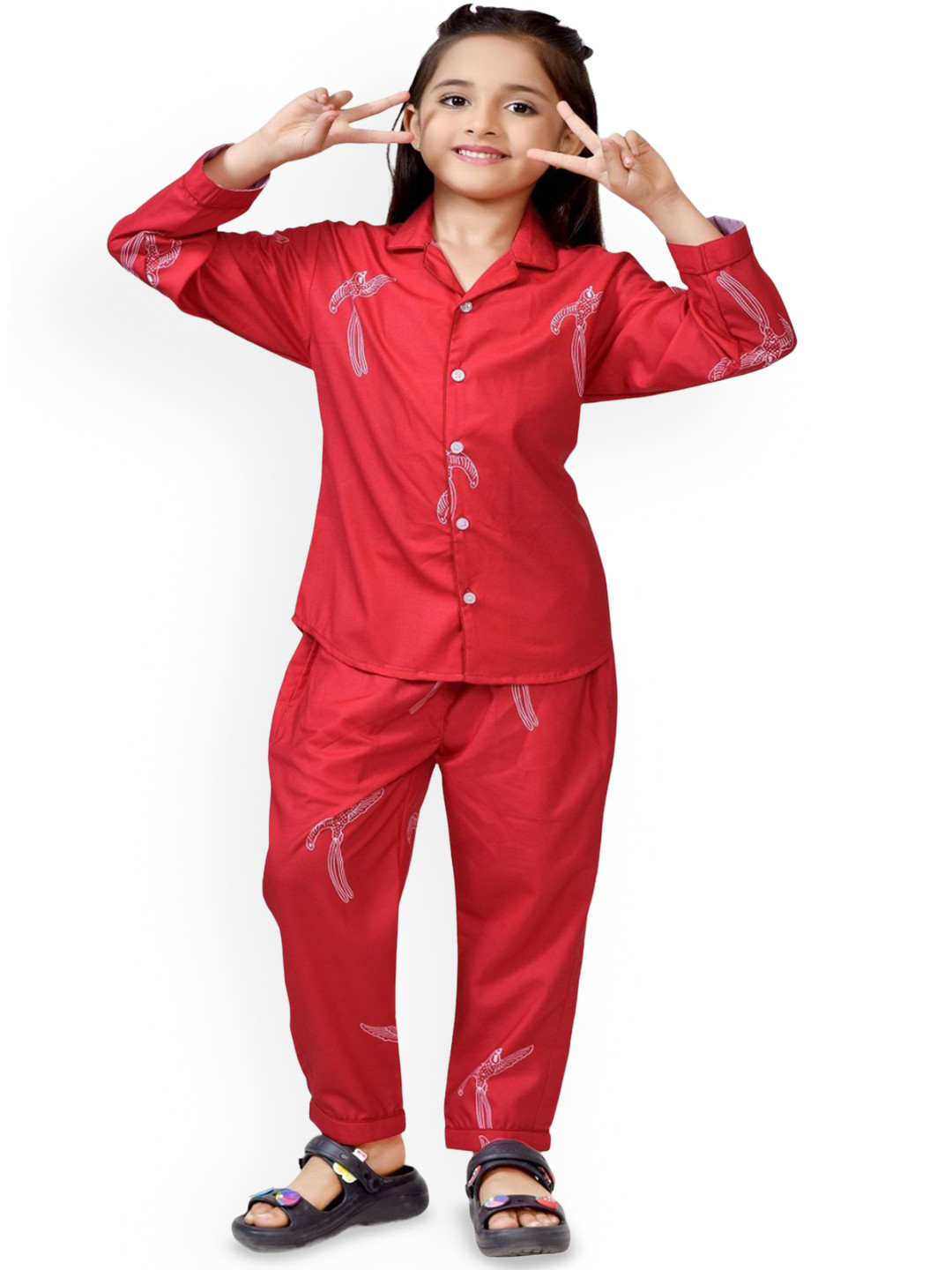 

BAESD Girls Printed Pure Cotton Shirt & Trousers Night Suit, Red