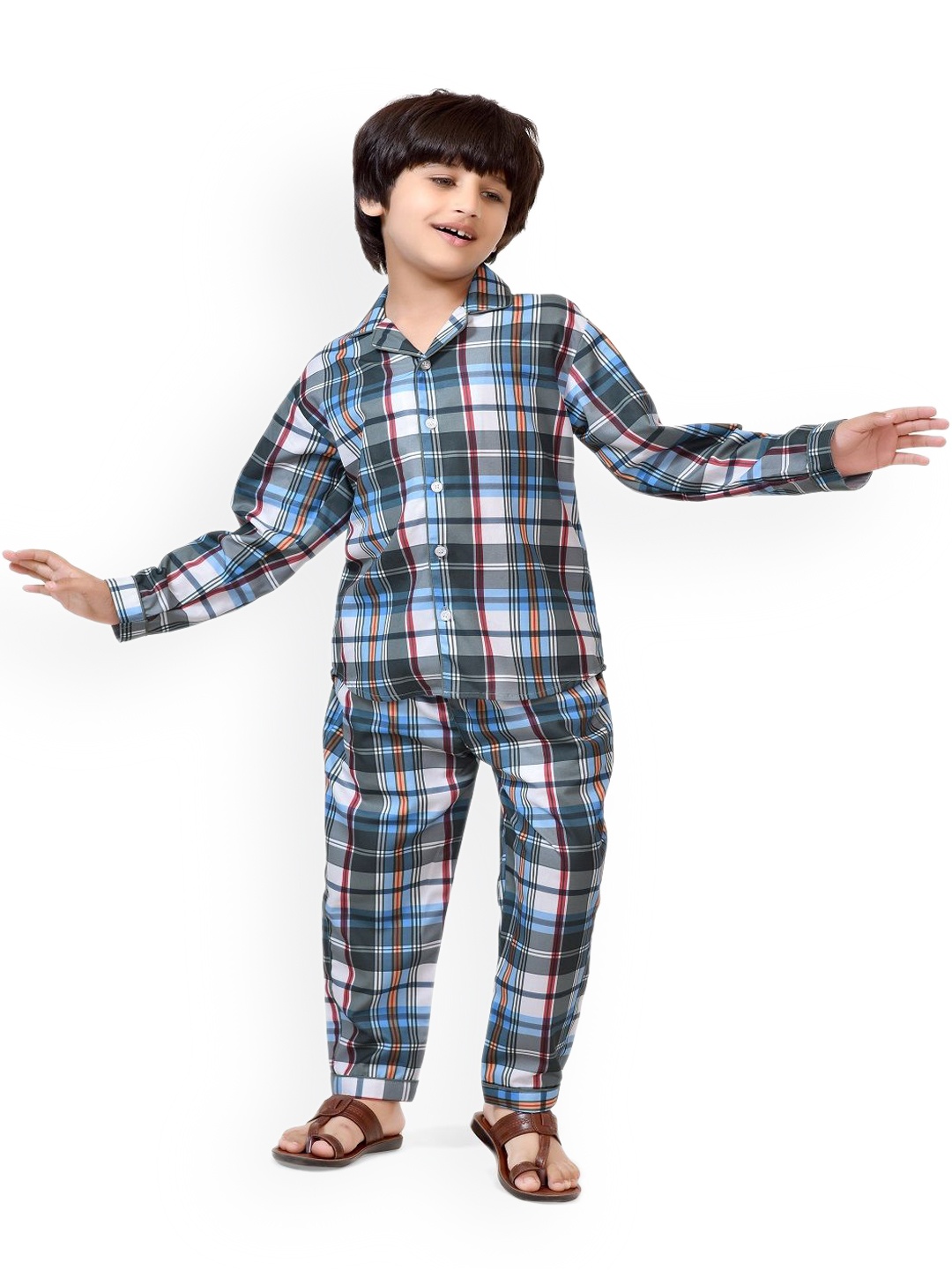 

BAESD Boys Checked Pure Cotton Night Suit, White