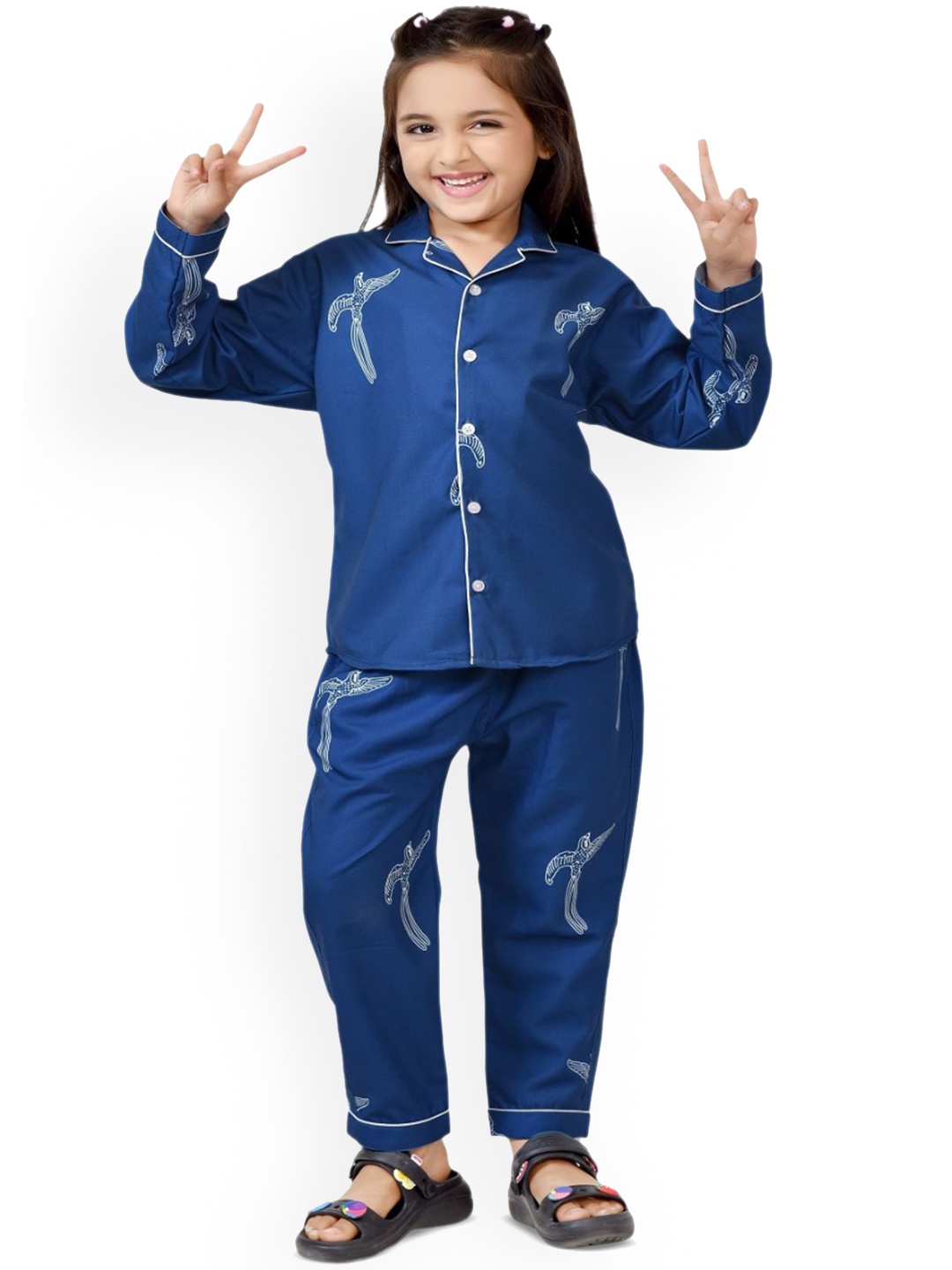 

BAESD Girls Printed Long Sleeves Pure Cotton Slip On Shirt and Pyjamas Set, Blue