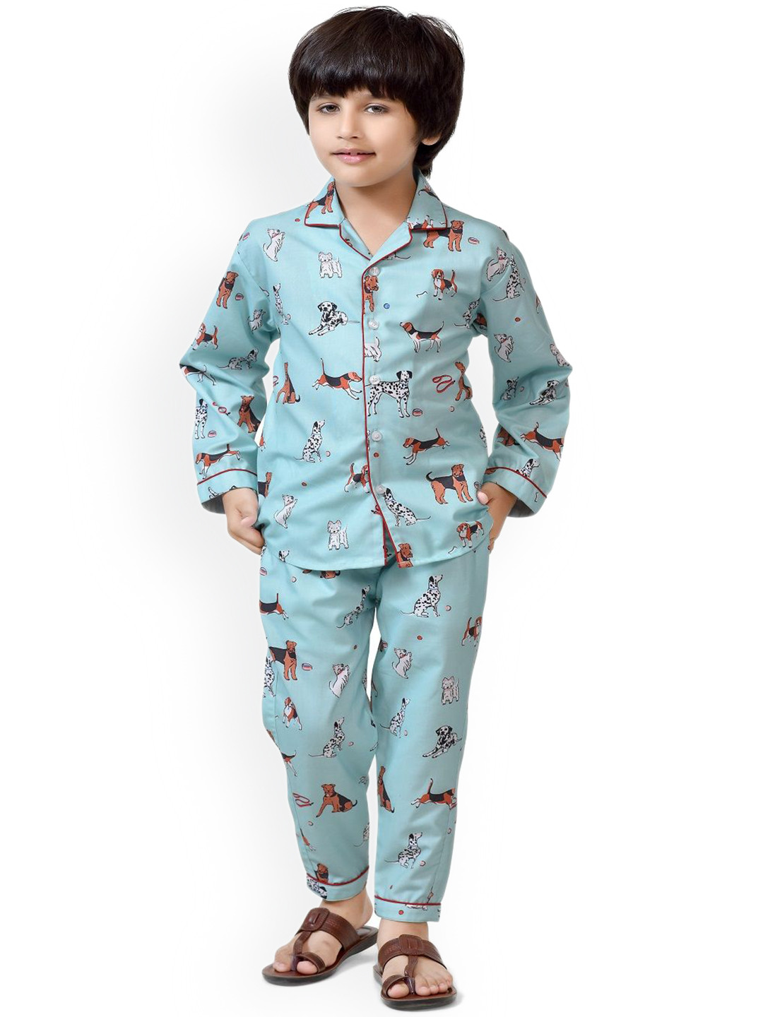 

BAESD Boys Animal Printed Shirt Collar Long Sleeves Pure Cotton Shirt and Pyjamas Set, Sea green