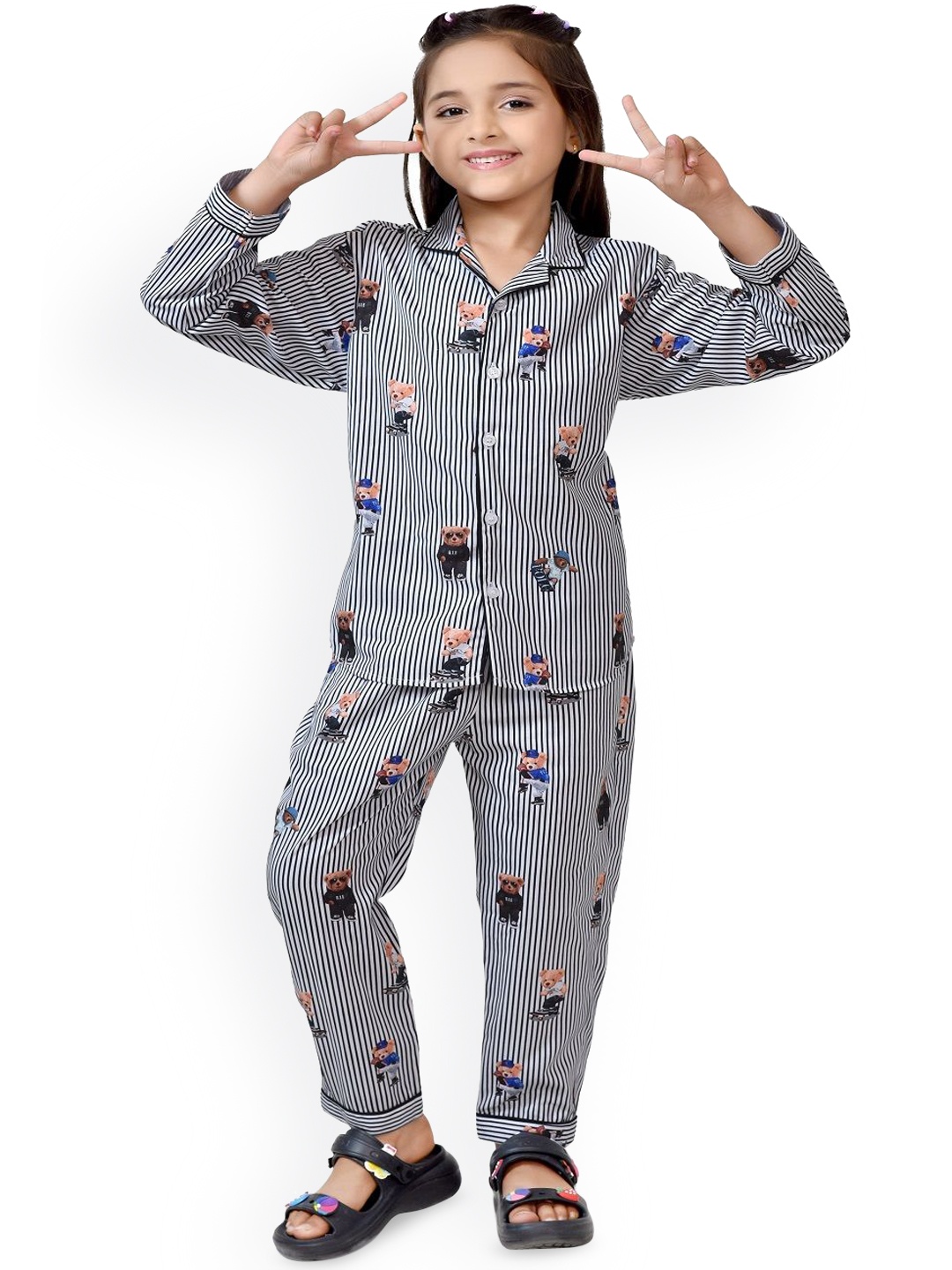 

BAESD Girls Striped Pure Cotton Night Suit With Trousers, Grey