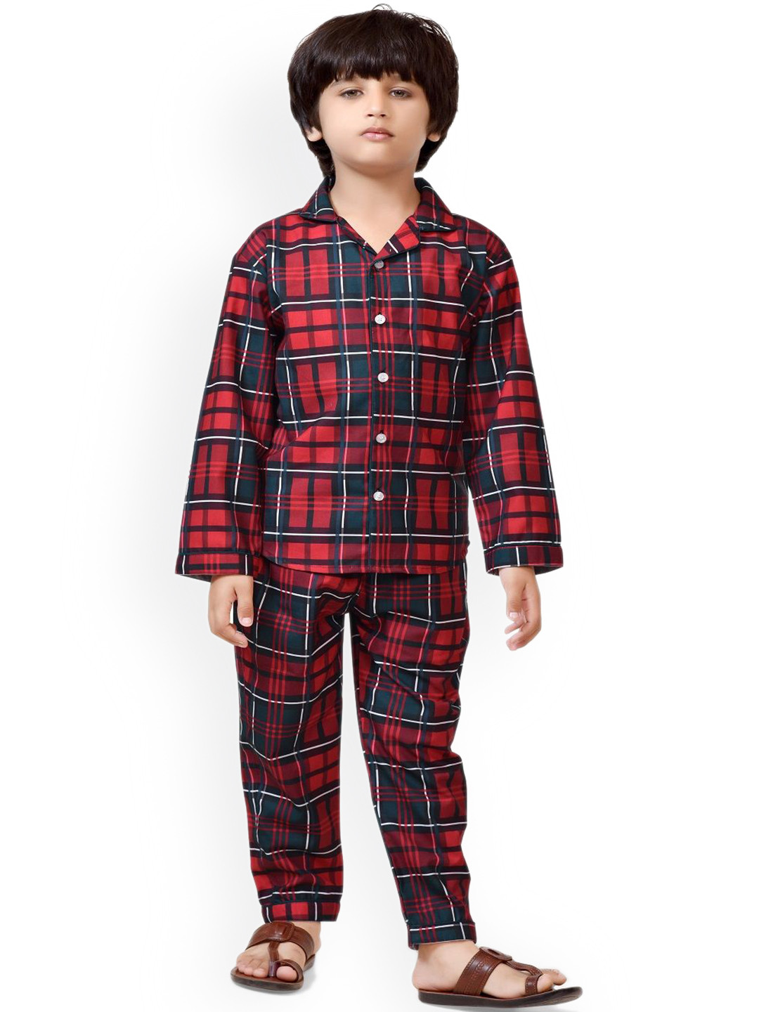 

BAESD Boys Checked Printed Pure Cotton Night Suit, Red