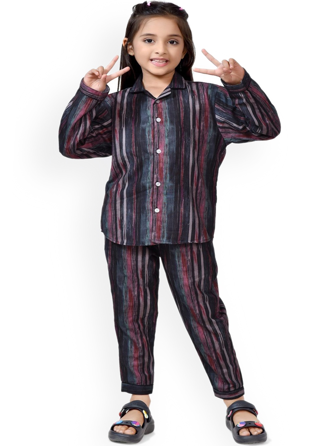 

BAESD Girls Stripe Shirt Collar Full Sleeves Shirt Pyjamas Night suit, Black