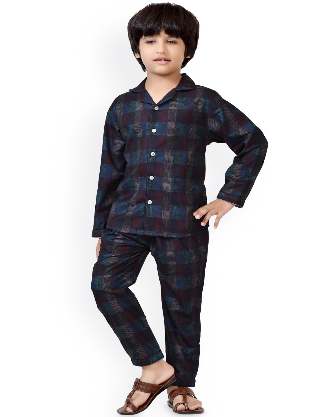 

BAESD Boys Checked Printed Pure Cotton Night Suit, Black