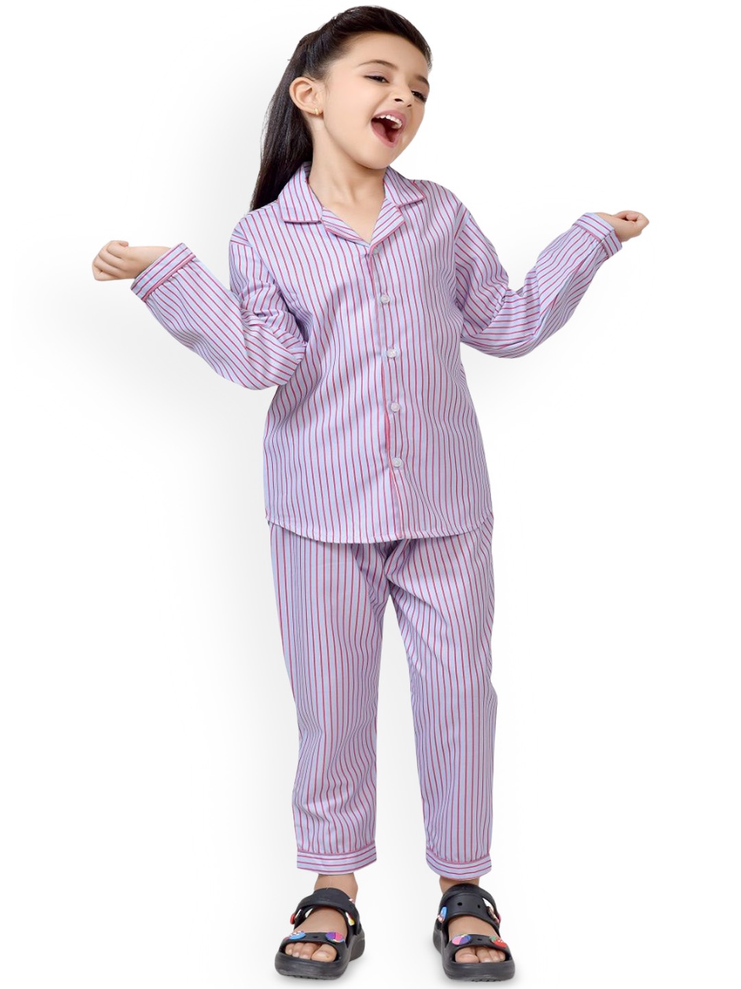 

BAESD Girls Striped Pure Cotton Shirt & Trouser Night Suit, Lavender