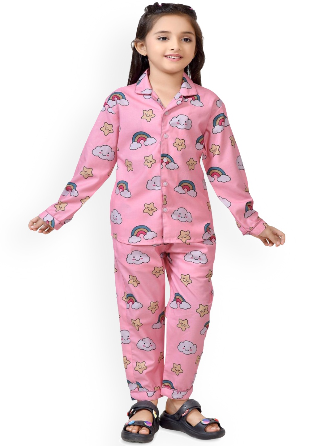 

BAESD Girls Printed Pure Cotton Shirt & Trouser Night Suit, Pink