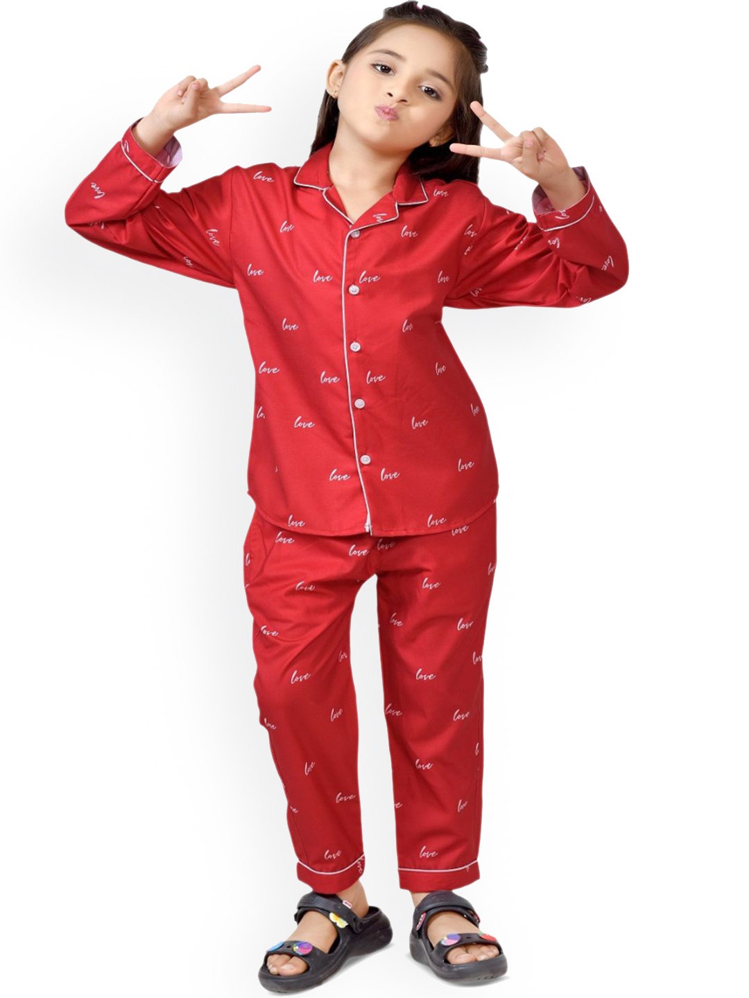 

BAESD Girls Printed Pure Cotton Night suit, Red