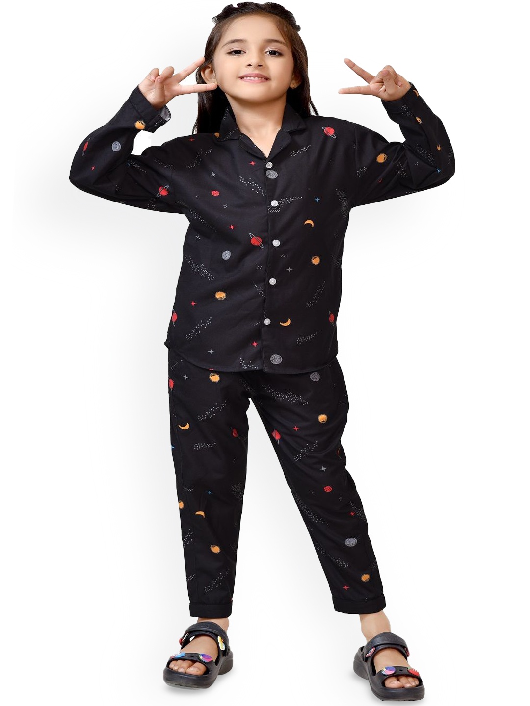 

BAESD Printed Pure Cotton Shirt & Trouser Night suits, Black