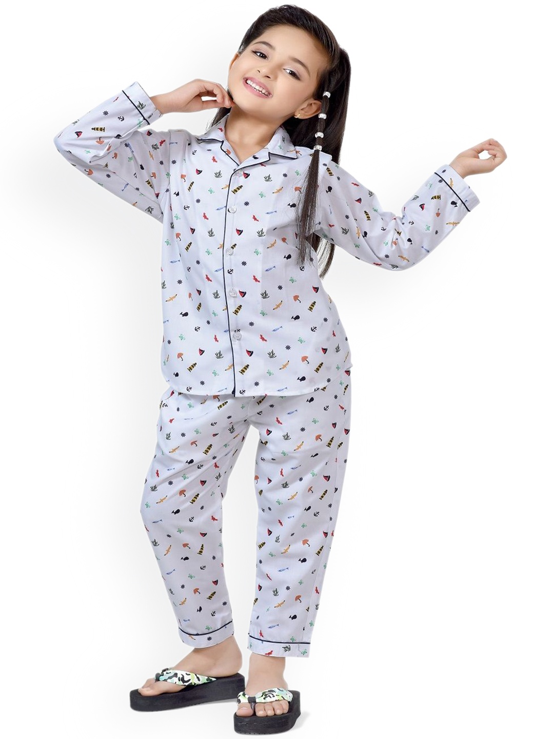 

BAESD Girls Printed Pure Cotton Shirt & Pyjama Night suit, White