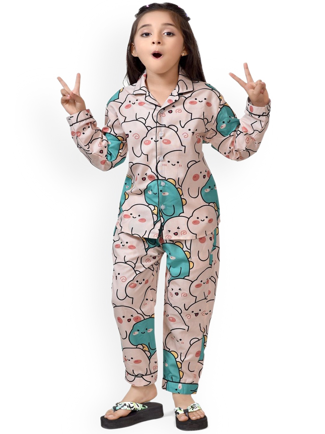 

BAESD Girls Printed Pure Cotton Shirt & Trouser Nightsuit, Cream