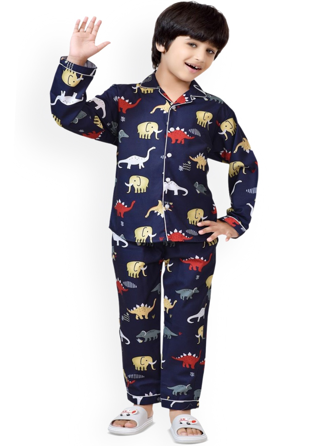 

BAESD Printed Pure Cotton Shirt & Trouser Night suits, Navy blue