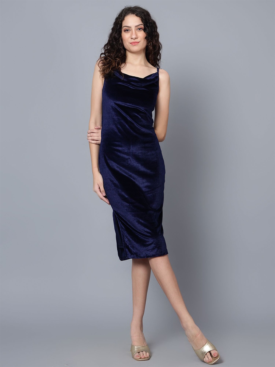 

ANVI Be Yourself Velvet Shoulder Straps Sheath Dress, Navy blue