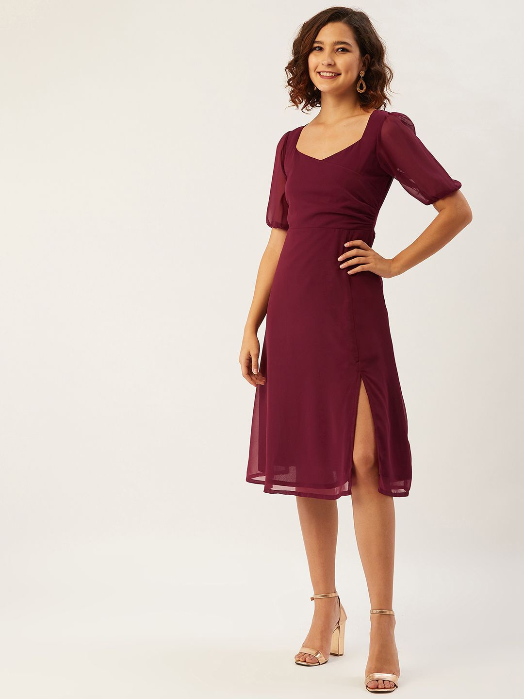 

ANVI Be Yourself Puff Sleeve Georgette A-Line Dress, Maroon