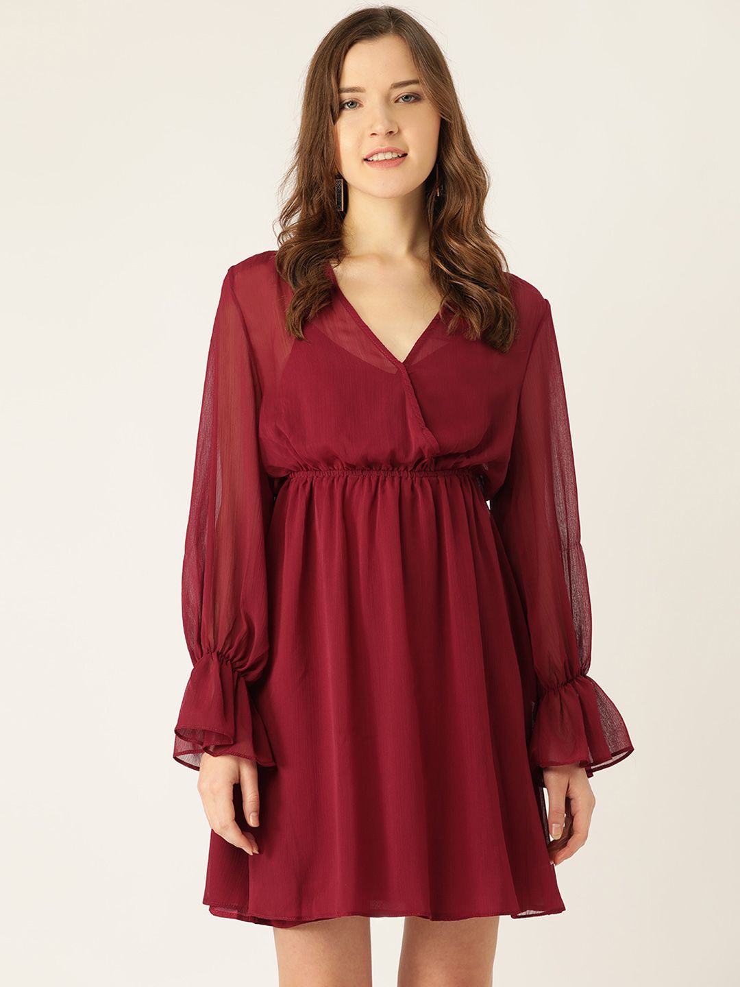 

ANVI Be Yourself Women Bell Sleeves Chiffon Fit and Flare Dress, Maroon