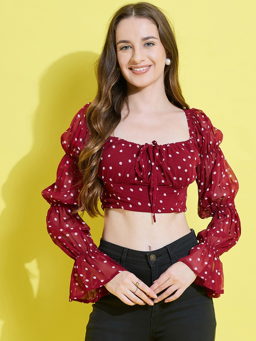 

ANVI Be Yourself Women Polka Dots Printed Georgette Crop Top, Maroon