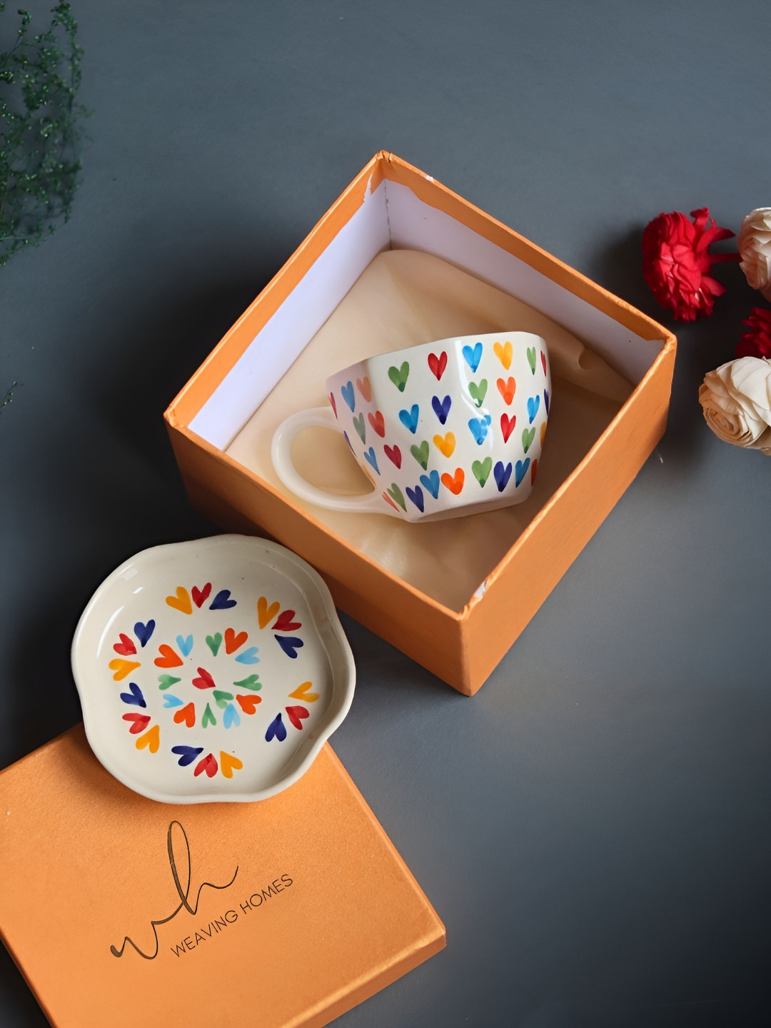 

WEAVING HOMES Cream-Coloured & Blue 2 Pieces Printed Ceramic Glossy Mug & Dessert Plate